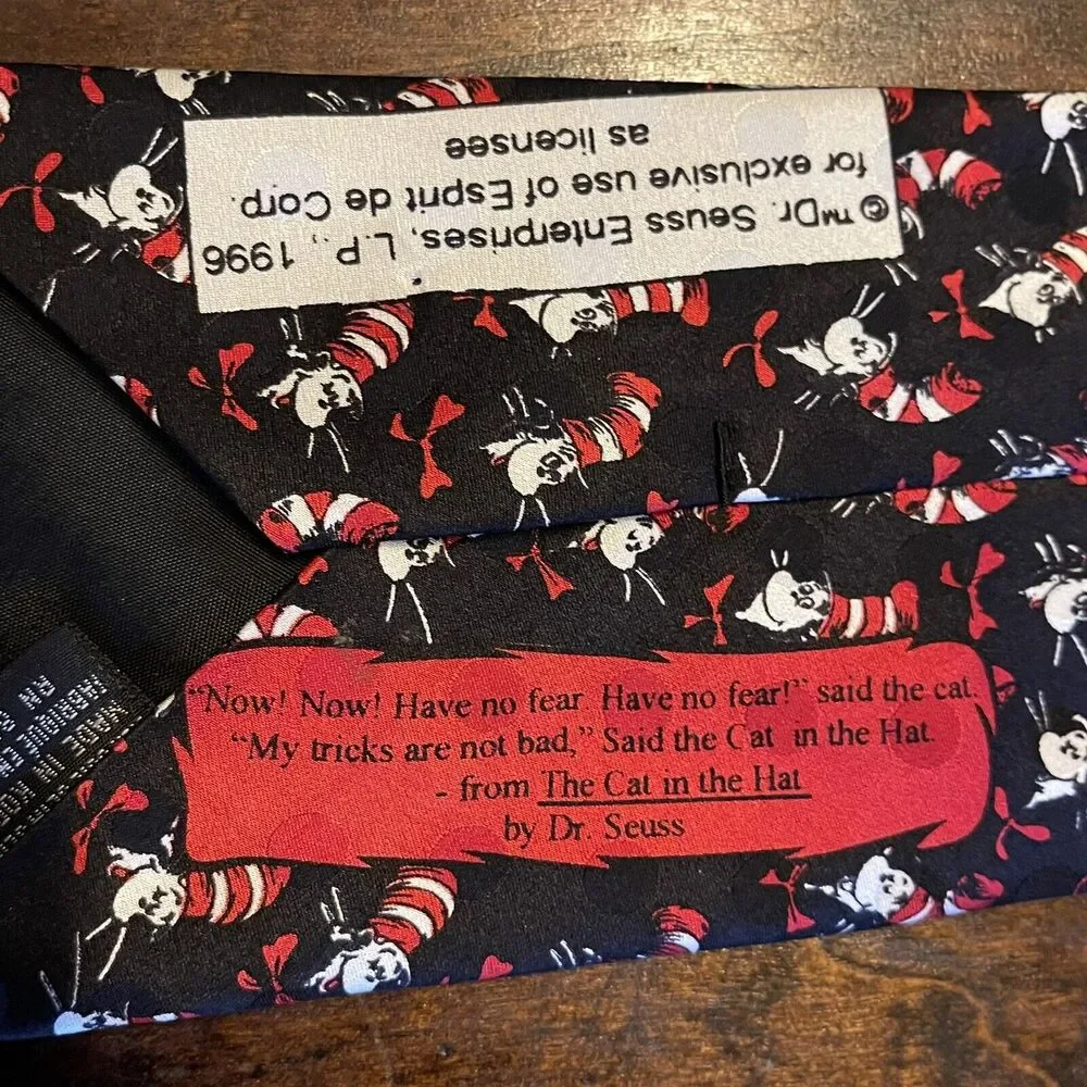 DR SEUSS Cat in the Hat Mens Vintage 100% Silk Neck Tie Black Cartoon Novelty